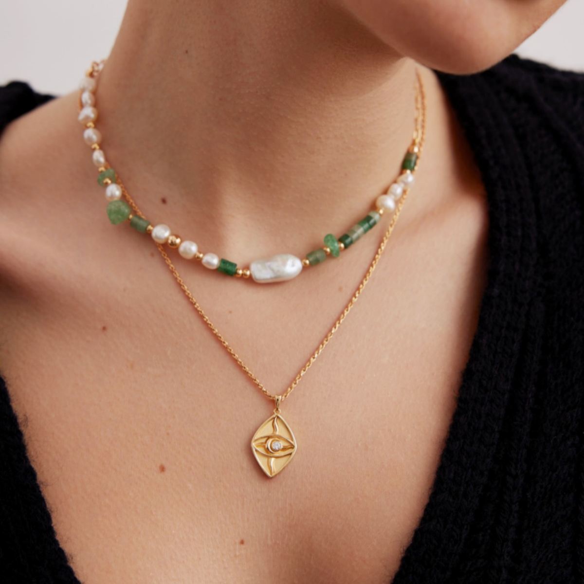 BAROQUE PEARL AVENTURINE QUARTZ NECKLACEGIFTLISTEBAROQUE PEARL AVENTURINE QUARTZ NECKLACEsterling silver, aventurine, quartz, pearl, 18k gold vermeil, necklace