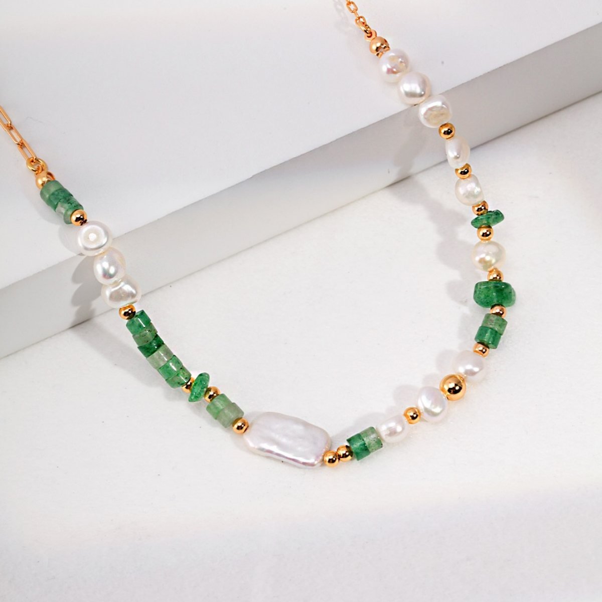 BAROQUE PEARL AVENTURINE QUARTZ NECKLACEGIFTLISTEBAROQUE PEARL AVENTURINE QUARTZ NECKLACEsterling silver, aventurine, quartz, pearl, 18k gold vermeil, necklace