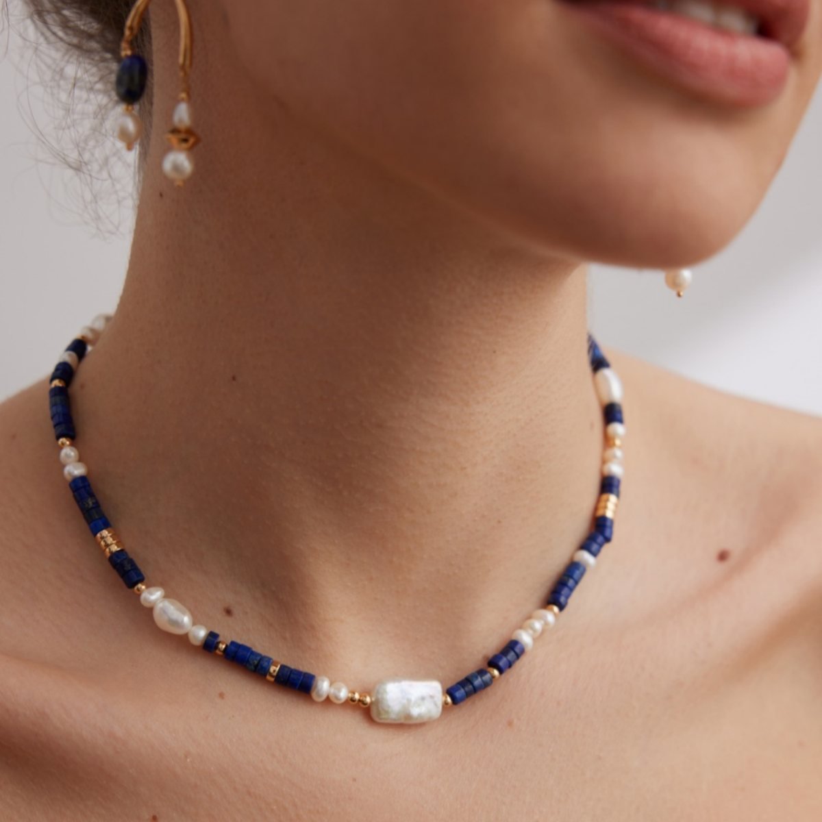 BAROQUE PEARL LAPIS LAZULI NECKLACEGIFTLISTEBAROQUE PEARL LAPIS LAZULI NECKLACEsterling silver, lapis lazuli, pearl, 18k gold vermeil, necklace