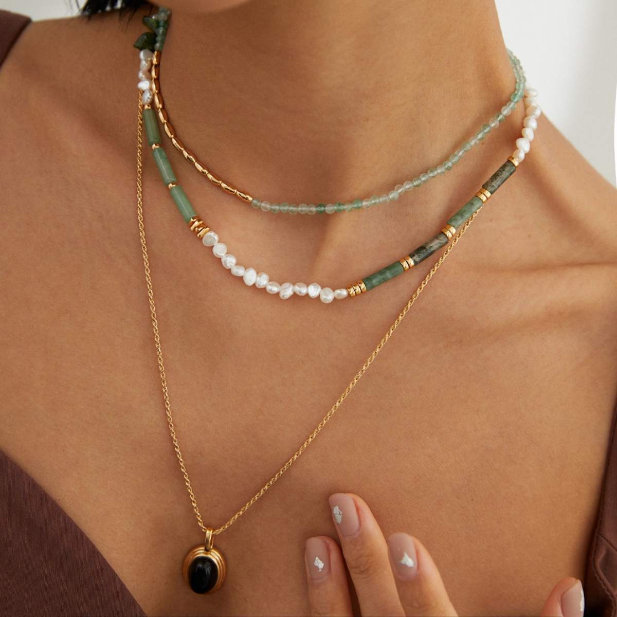 PEARL AGATE AVENTURINE NECKLACEGIFTLISTEPEARL AGATE AVENTURINE NECKLACEsterling silver, aventurine, pearl, agate, 18k gold vermeil, necklace