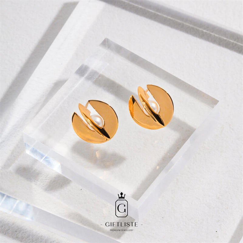 3D Saucer Cross Pearl EarringsGiftListeearrings, pearl, silver, gold, vermeil, 18k