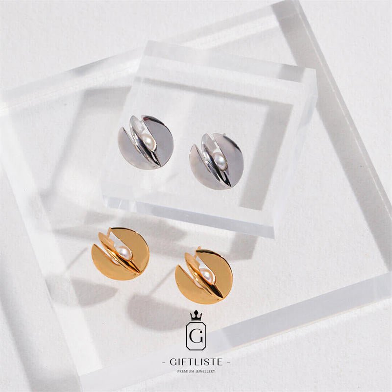 3D Saucer Cross Pearl EarringsGiftListeearrings, pearl, silver, gold, vermeil, 18k