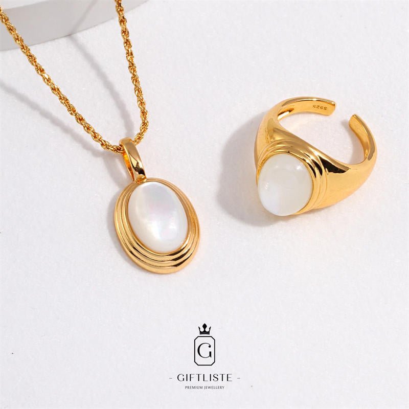 Agate Mother-Of-Pearl SetGiftListeset, pendant, ring, 18k, vermeil, gold, silver, agate, mother-of-pearl