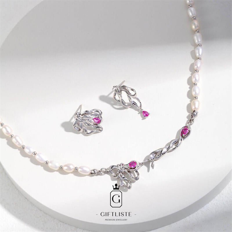 Asymmetric Ribbon Shape Pearl Jewelry SetGiftListe18k, vermeil, gold, silver, set, necklace, earrings, pearl, zircon