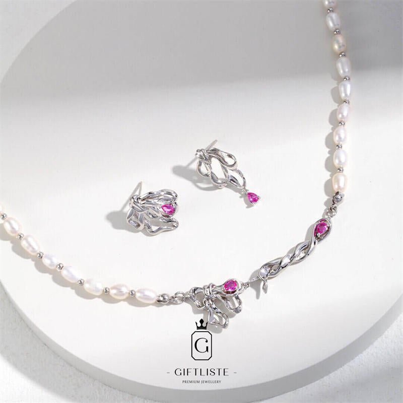 Asymmetric Ribbon Shape Pearl NecklaceGiftListe18k, vermeil, gold, silver, necklace, pearl, zircon