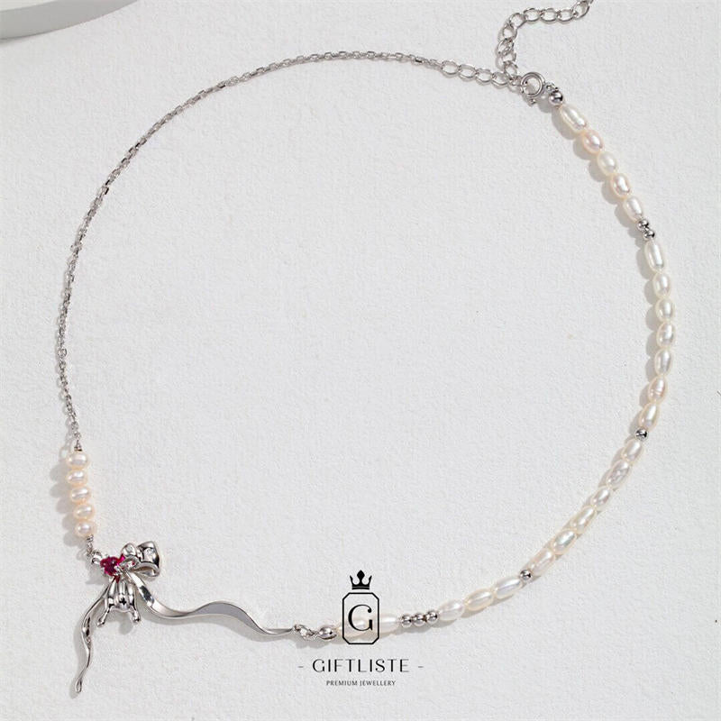 Bowknot Design Pearl NecklaceGiftListe18k, vermeil, gold, silver, necklace, pearl, zircon,