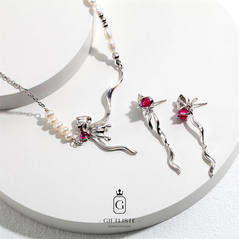 Bowknot Design Pearl SetGiftListe18k, vermeil, gold, silver, set, necklace, earrings, pearl, zircon,