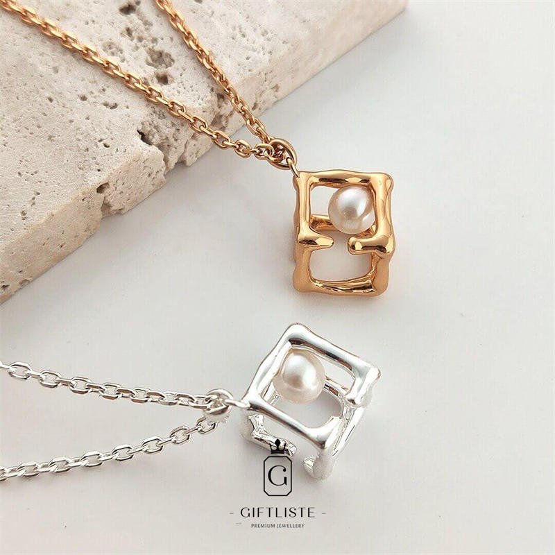 Geometric Square Three-Dimensional Pearl NecklaceGiftListenecklace, 18k, vermeil, gold, silver, pearl