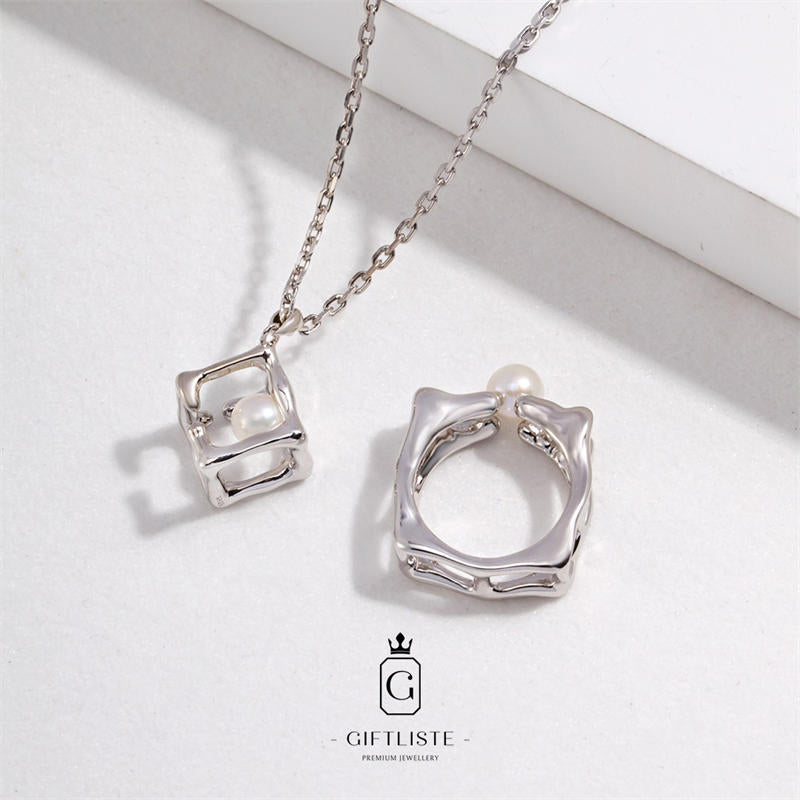 Geometric Square Three-Dimensional Pearl NecklaceGiftListenecklace, 18k, vermeil, gold, silver, pearl