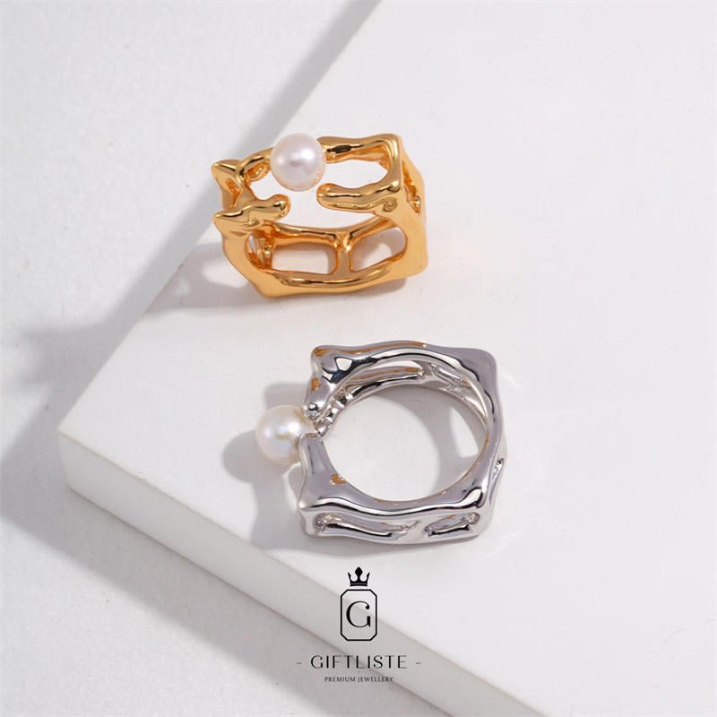 Geometric Square Three-Dimensional Pearl RingGiftListering, 18k, vermeil, gold, silver, pearl