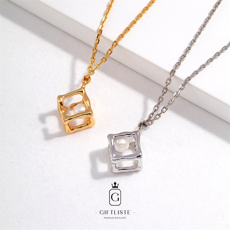 Geometric Square Three-Dimensional Pearl SetGiftListeset, necklace, ring, 18k, vermeil, gold, silver, pearl