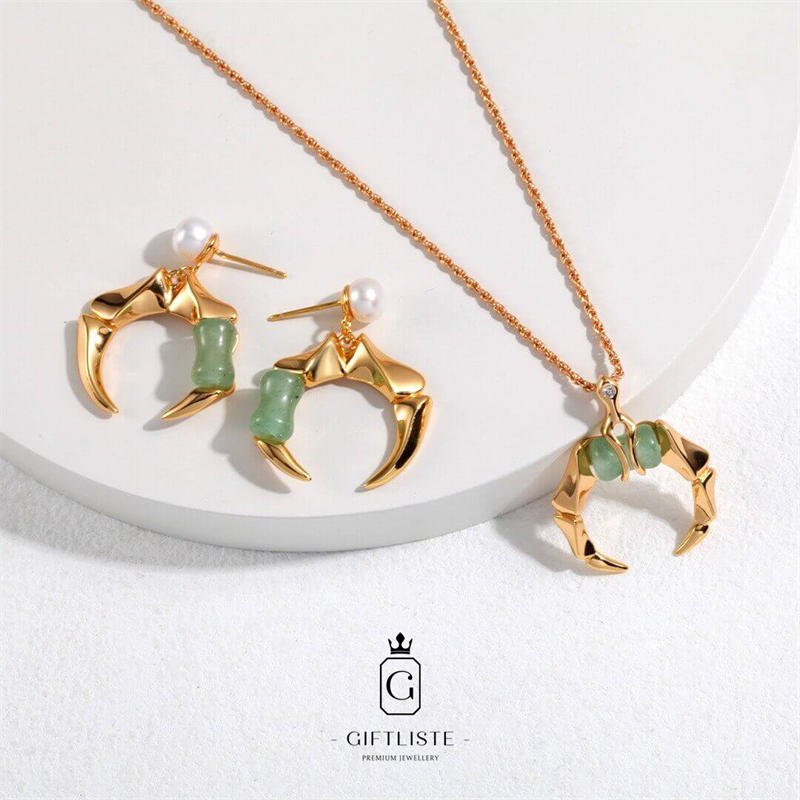 Green Aventurine Bamboo Pearl SetGiftListeset, pendant, earrings, 18k, vermeil, gold, silver, pearl, green aventurine