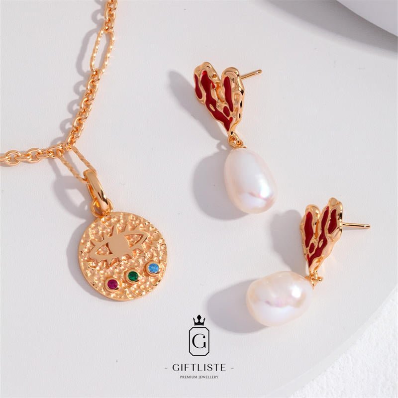 Heart Enamel Pearl EarringsGiftListeearrings, 18k, vermeil, gold, silver, pearl, enamel