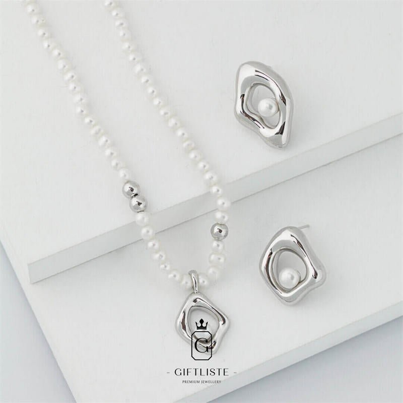 Irregular Three-Dimensional Shape SetGiftListeearrings, necklaces, set, pearl, silver, gold, vermeil, 18k