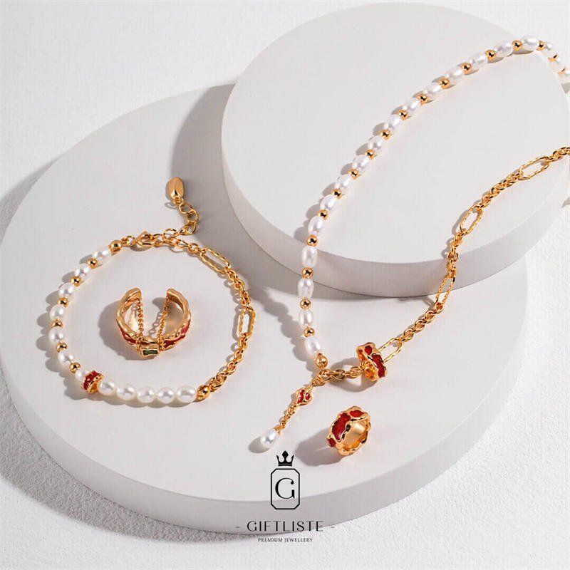 "Kaworu" Pearl Enamel Jewelry SetGiftListe18k, vermeil, gold, silver, set, necklace, bracelet, ring, pendant, pearl, enamel
