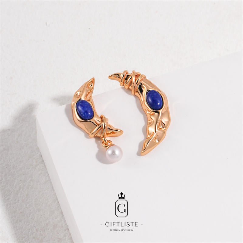 AB Style Asymmetrical Moon Element Natural Pearl EarringsGiftListeearrings, 18k, vermeil, gold, silver, pearl, mother-of-pearl, lapis lazuli