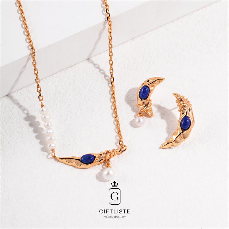 Moon Element Natural Pearl SetGiftListeset, necklace, earrings, 18k, vermeil, gold, silver, pearl, mother-of-pearl, lapis lazuli
