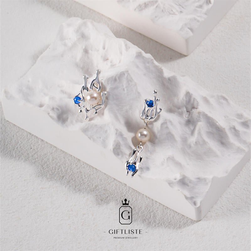 AB Style Asymmetrical Pearl Sapphire Stamen EarringsGiftListeearrings, 18k, vermeil, gold, silver, pearl, synthetic sapphire