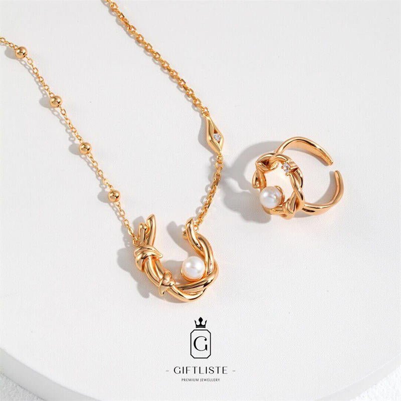 Pearl Wicker Design NecklaceGiftListenecklace, 18k, vermeil, gold, silver, pearl, zircon