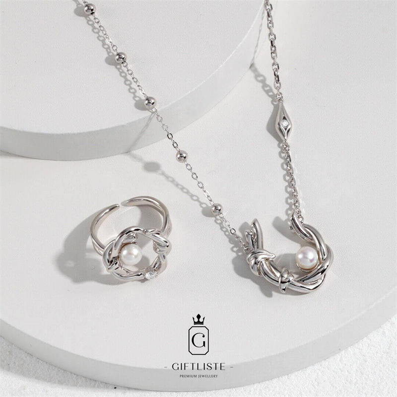 Pearl Wicker Design NecklaceGiftListenecklace, 18k, vermeil, gold, silver, pearl, zircon