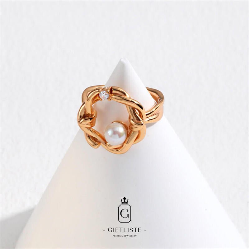 Pearl Wicker Design RingGiftListering, 18k, vermeil, gold, silver, pearl, zircon