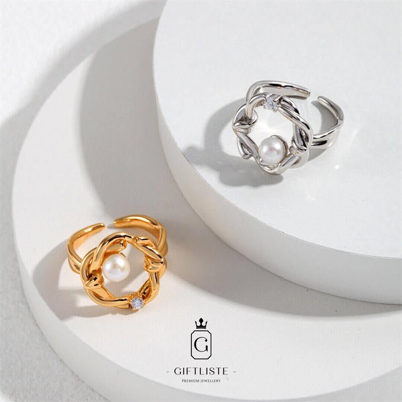 Pearl Wicker Design SetGiftListeset, necklace, ring, 18k, vermeil, gold, silver, pearl, zircon