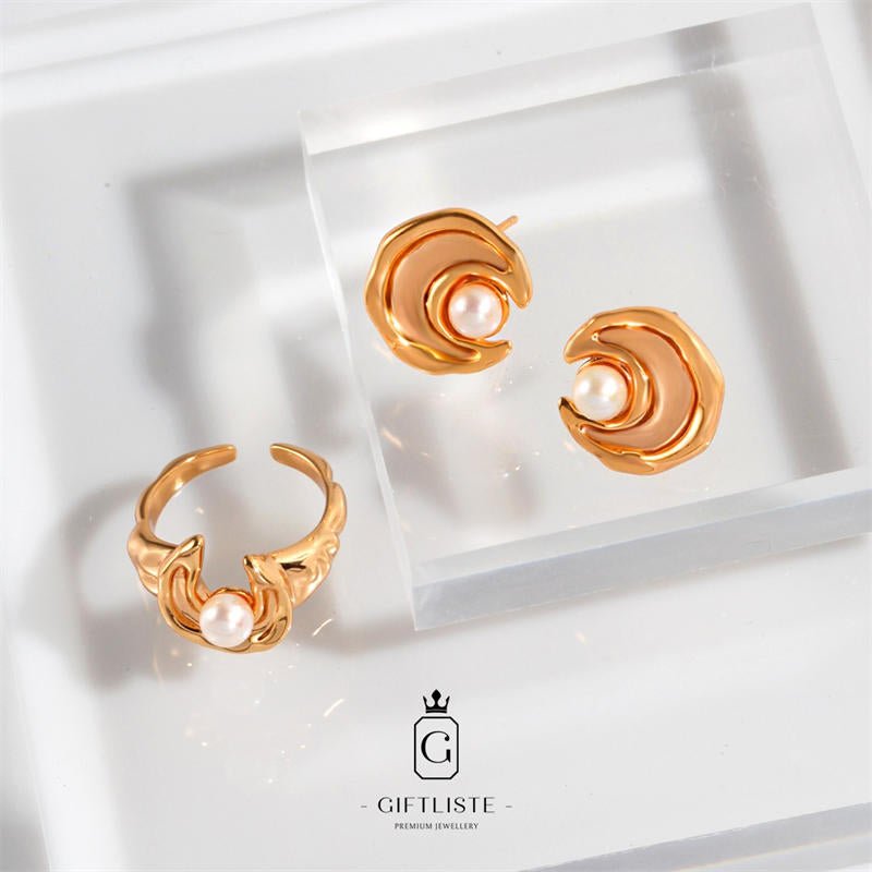 Star And Moon Design Pearl SetGiftListeset, earrings, ring, 18k, vermeil, gold, silver, pearl